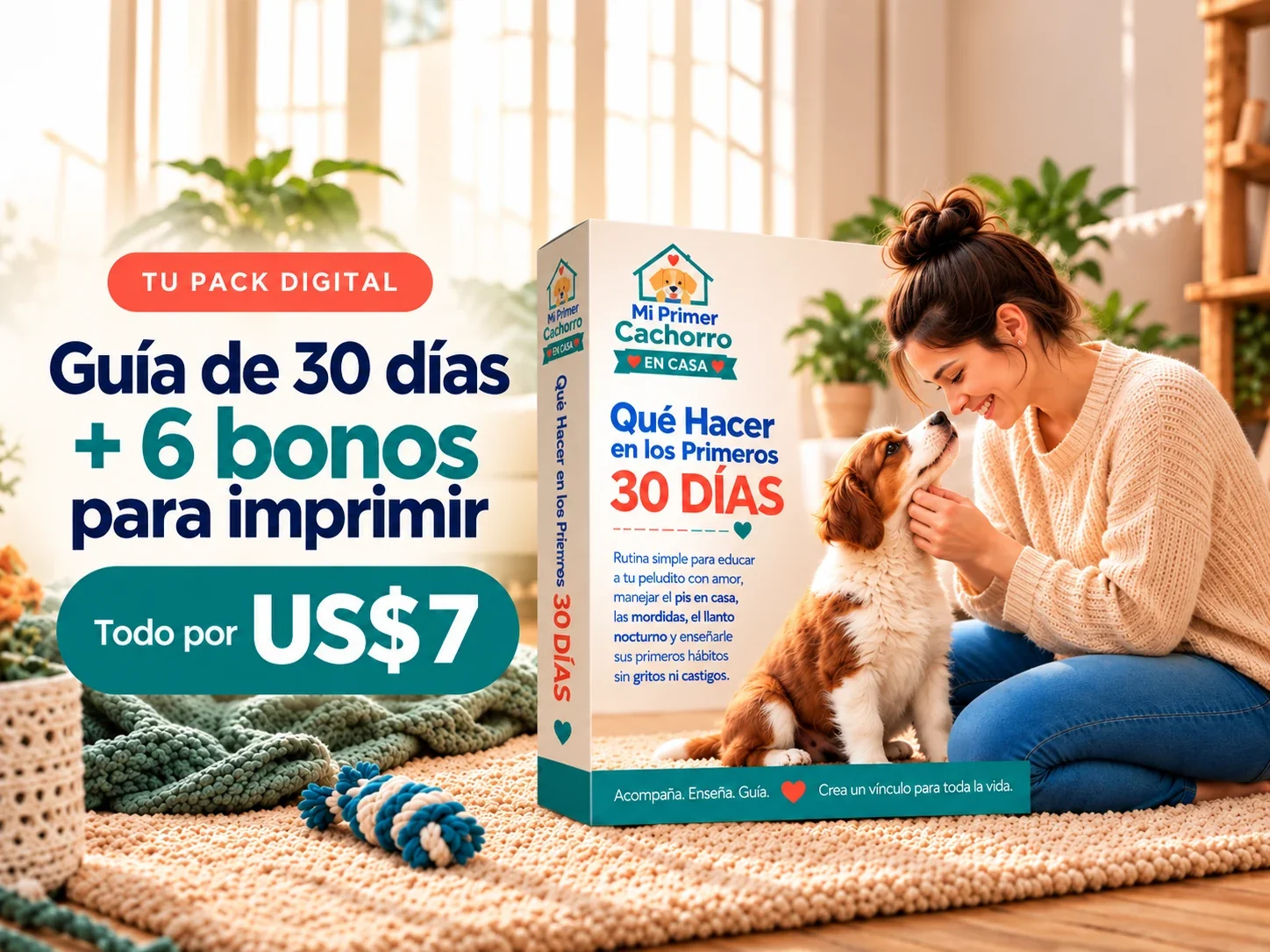 Pack digital Mi Primer Cachorro: guía de los primeros 30 días y 6 bonos para imprimir. Todo por US$7.